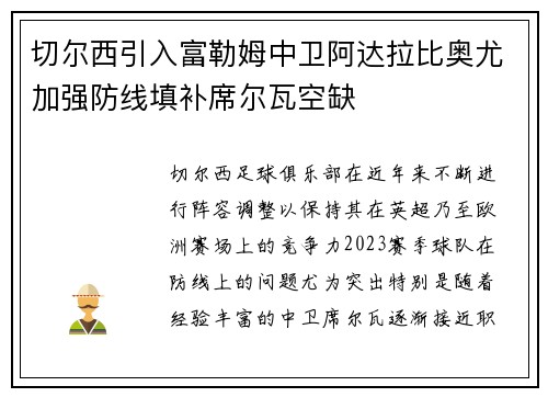 切尔西引入富勒姆中卫阿达拉比奥尤加强防线填补席尔瓦空缺
