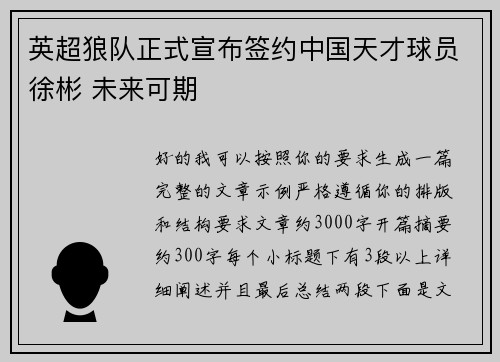 英超狼队正式宣布签约中国天才球员徐彬 未来可期